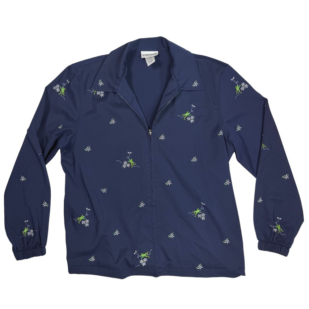 Alfred Dunner Cottagecore Whimsical Womens Zip Jacket Navy Blue Frog Embroidery